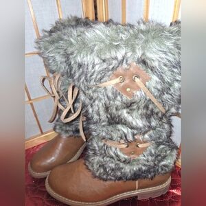 Faux Fur and Leather Lace-Up Boots